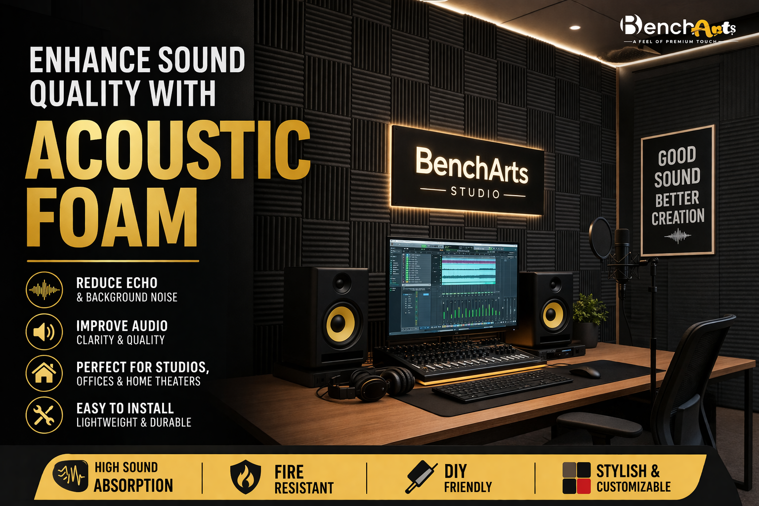 BenchArts Acoustic Foam – Best Soundproof Foam Panels for Studio, Home Theater & Office