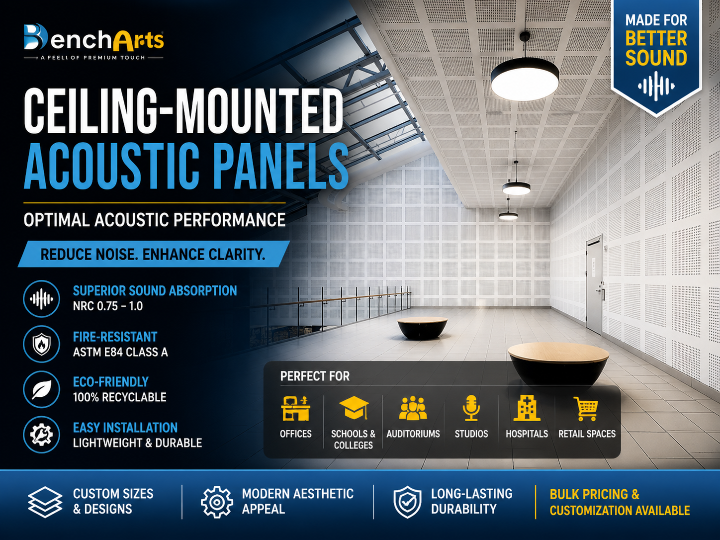 BenchAcoustic Ceiling-Mounted Panels | Best Acoustic Panels for Office, Studio & Auditorium Soundproofing